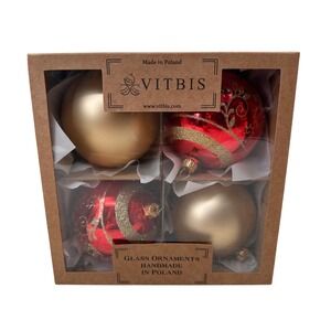 Vitbis Glass‎ Ornaments Handmade Poland Red Gold Filigree 4pc Set 4in Christmas